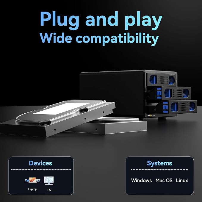 CENMATE Aluminum 3 Bay Hard Drive Enclosure with Cooling Fan for 2.5“/3.5" SATA HDD/SSD with USB A/C 3.0, Support Hot Swappable, Tool-Free HDD Enclosure, DAS(NO RAID/NAS)
