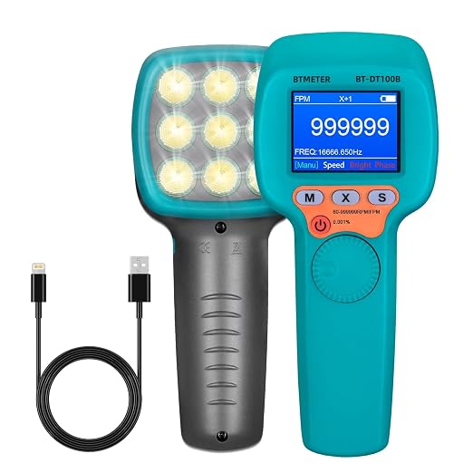 BTMETER Stroboscope Strobe Light Tachometer Non Contact Measure 60-999999 RPM/FPM Velocity Hz with 0.001% Accuracy, Handheld Speedometer Gun DT100B for Car Engine Gear Motor Troubleshoot
