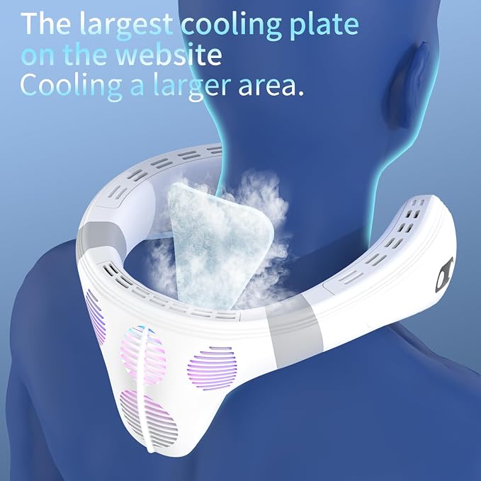 Neck Fan Back-Windy 6000mAh with Cooling Plate Cold Compress Bladeless Portable Thermo-Electric Cooler Rechargeable Holiday Essentials for Women Men Outdoor Camping Gardening Walking(White)
