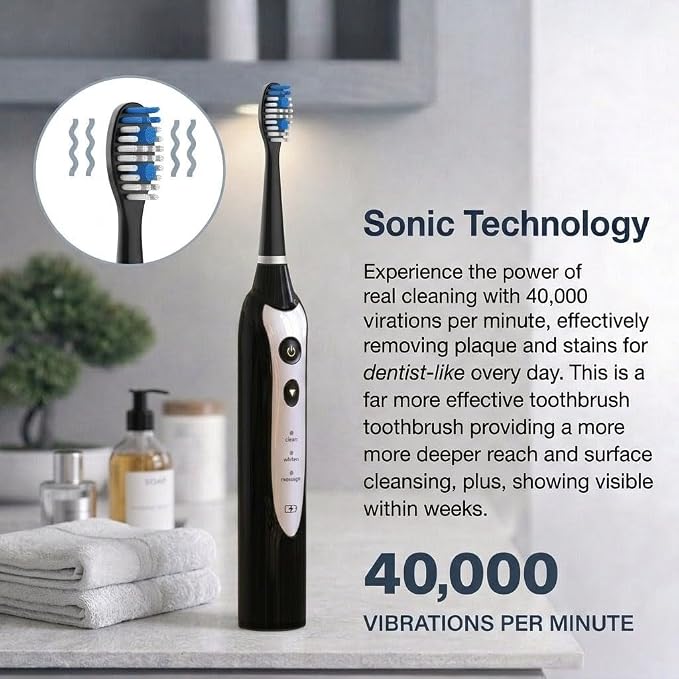 Sonic Electric Toothbrush for Adults, Rechargeable Power Toothbrush with 5 Replacement Heads, Travel Case, 3 Modes, 2 Minute Timer, IPX7 Waterproof Cordless Electric Toothbrush | Black