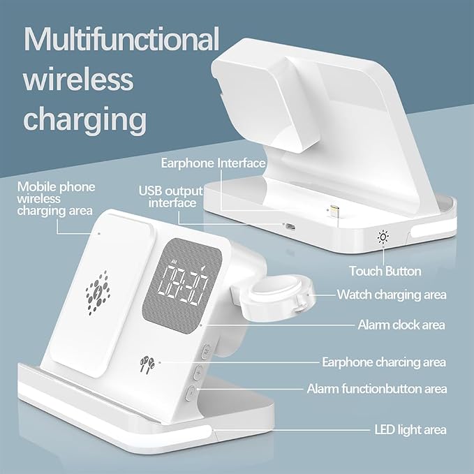 AYI 4in1 Multi Functional Wireless Charging Station with Digital Alarm Clock 15W Fast Charger Night Light Wireless Charger for All Qi Phone and Earbud Headphone Compliant with i-Watch-B22 White