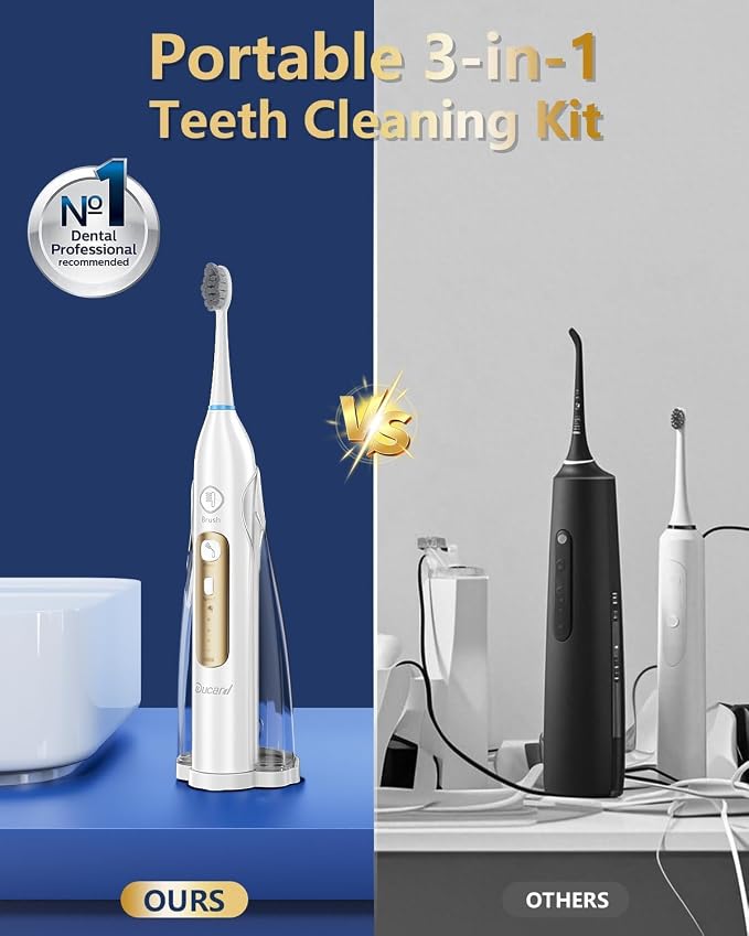 Electric Toothbrush with Water Flosser Combo, Professional Flossing Toothbrush with 3 Sonic Brush Modes & 5 Water Pressures, Cordless Water Flosser for Adults Teeth Cleaning Plaque Removal, White