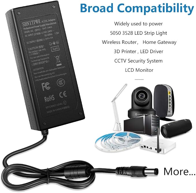 SHNITPWR 24V DC Power Supply 24 Volt 5A 120W Power Adapter 100V~240V AC to DC Converter Transformer 5.5x2.5mm Plug for 5050 3528 LED Strip Light 3D Printer LED Driver CCTV Security System LCD Monitor