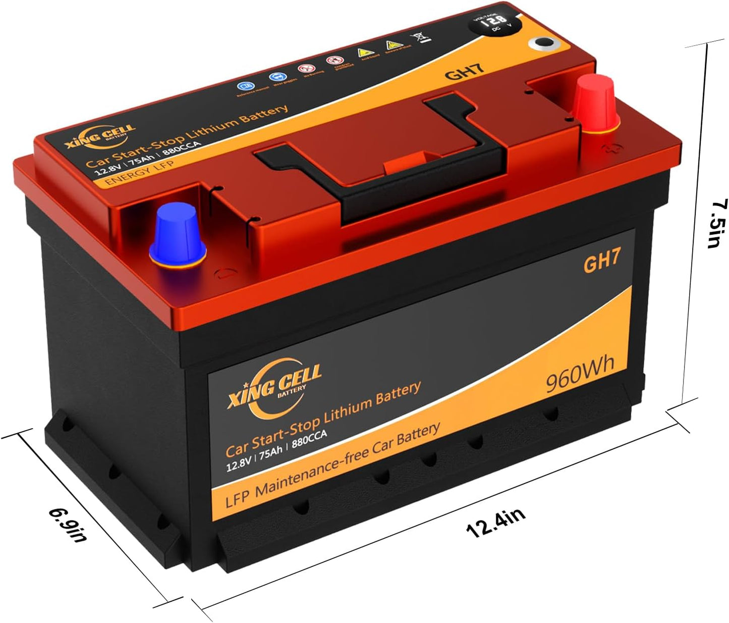 XingCell H7 Group 94r 12V 75Ah 880CCA LiFePO4 Lithium Car Battery - Long lasting and Lightweight Design for Car Audio Replacement Batteries