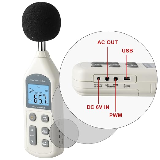 Decibel Meter, Professional Sound Level Meter with Backlight Display, USB Available SPL Meter 30 to 130dB, EC651 & ANSI S1.4 Standards A/C Weighted Sound Meter, Noise Meter with Records to 4700