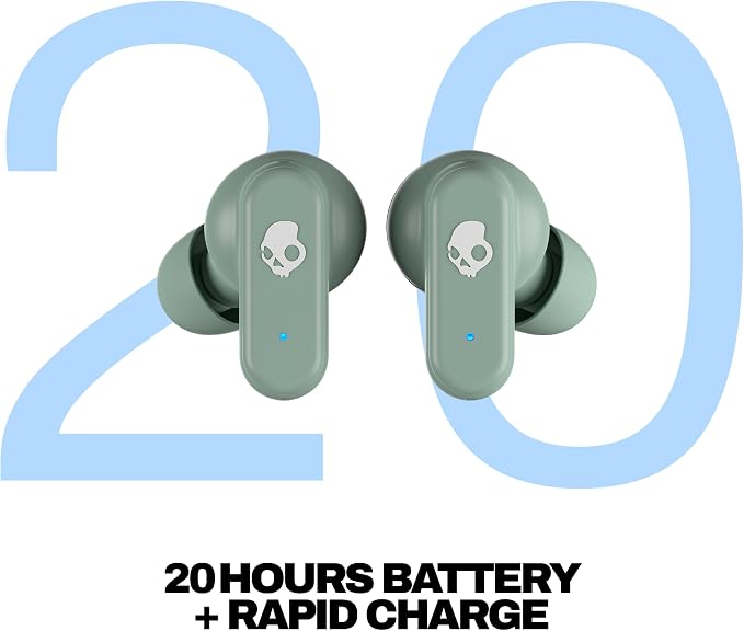 Skullcandy Dime 3 Wireless Earbuds, Bluetooth Headphones, Noise Isolating Fit, Up to 20 Hours Battery, Microphone for iPhone Android, Easy Carry with Integrated Lanyard - Preppy Sage