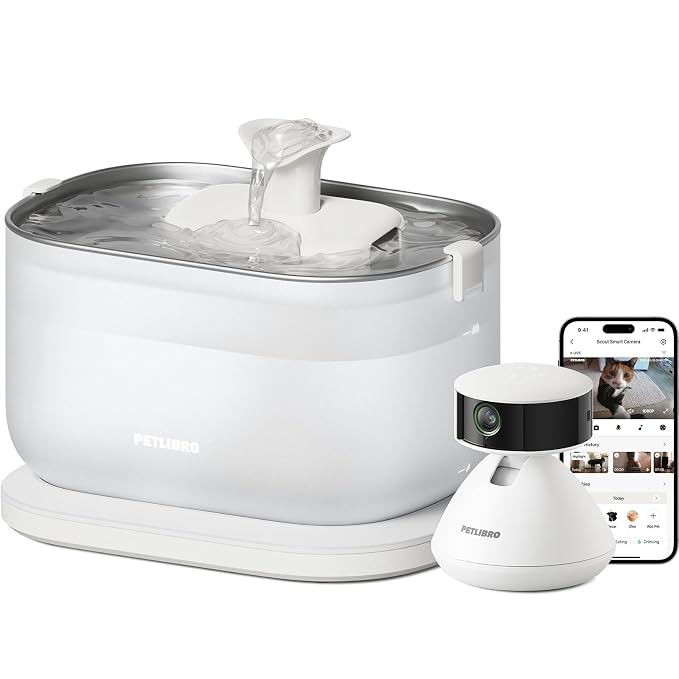 Bundle of PETLIBRO AI Pet Camera Indoor with Phone App, 360° View Dog Camera, 1080P Cat Cam Night Vision + PETLIBRO Cat Water Fountain, Wireless Pump Cat Fountain, 2.5L/84oz Pet Water Fountain