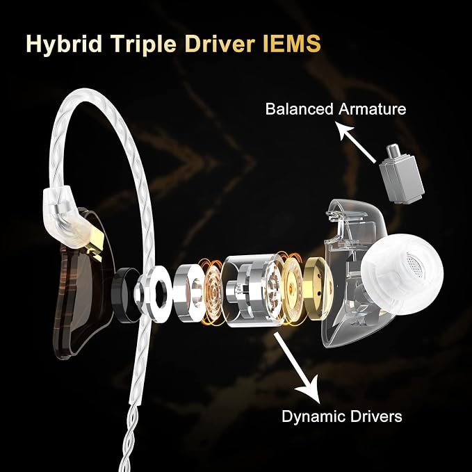 BASN MMCX in Ear Monitor Headphones,Triple Driver IEM in-Ear Earphone for Musician Drummer, Noise-Isolation HiFi Stereo Earbuds with Two Detachable Cables(Golden Obsidian)