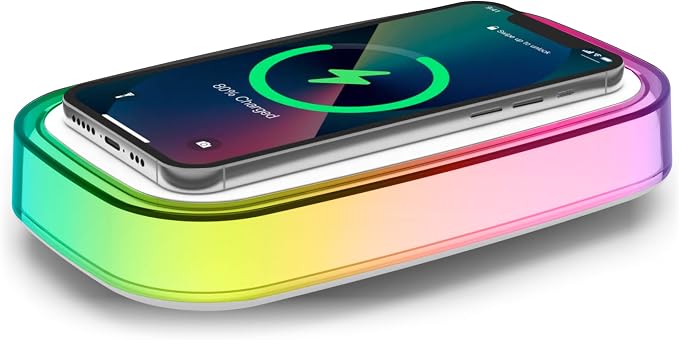 Westclox Wireless Charging Pad with Fast 15 Watt Wireless Charging, RGB Color Changing Light with 6 Modes, Adjustable Brightness, Slim Compact Design, USB C Powered Charging Pad for Home or Office