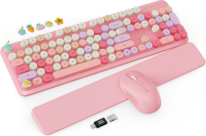 Wireless Keyboard and Mouse Combo, Typewriter Keyboard with Detachable Wrist Rest, Full-Size Retro Round Keycaps, Smart-Sleep, 2.4GHz Stable Connection for Mac/Windows/PC, Trueque(Rose Quartz Pink)
