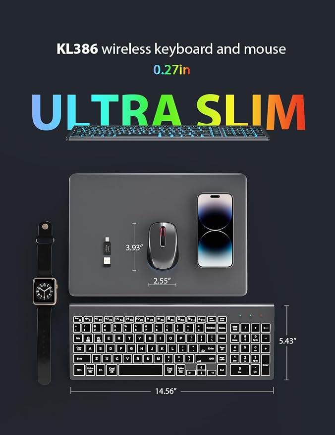 Wireless Keyboard and Mouse Combo Backlit - Compact Quiet Keyboard with RGB Mouse, Rechargeable, Slim, Sleep Mode, Portable Cordless Keyboard Mouse Set for Mac, Windows (Space Gray) - SABLUTE KM61PRO