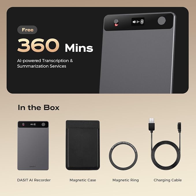 Dasit Note Pro AI Voice Recorder, Transcribe & Summarize with AI, App Control, Note Taker for Meetings & Calls, Supports 112 Languages, Ultra-Slim w/OLED Display, Case Included, Grey
