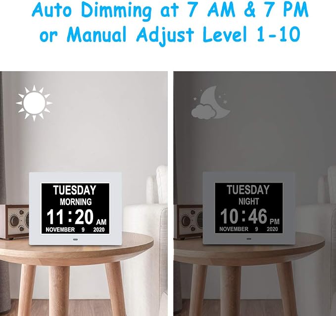 Digital Clock Large Display for Seniors 8 Alarm Non-Abbreviated Day Date Calendar Clock with AM PM Auto-Brightness, Dementia Clock for Senior Elderly Vision Impaired Memory Loss Alzheimers(7 inch)