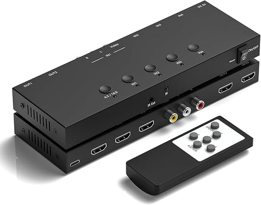 2-in-1 HDMI & AV Switcher,3 HDMI+1 RCA Inputs with 2 HDMIOutput,Support HDCP 2.2, 3D, 4:3/16:9 Aspect Ratio, Compatible with Xbox/Nintendo Switch/PS5/4,Roku/Wii/N64–Play Modern & Retro Games on 2 TV