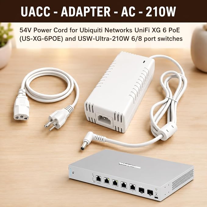 54V 3.9A 210W White Power Adapter Compatible with Ubiquiti UniFi XG 6 PoE US-XG-6POE, USW-Ultra-210W, UACC-Adapter-AC-210W, ADS-210NX-48-1 AC/DC Power Supply Charger