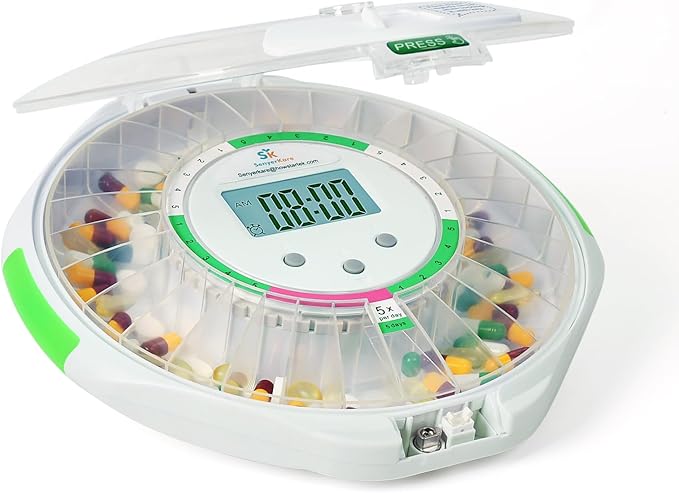 Automatic Pill Dispenser with Lock for Caregivers | 28-Day Medication Organizer for Seniors | 6 Daily Alarms & Flashing Light Reminder - No App or WiFi Needed