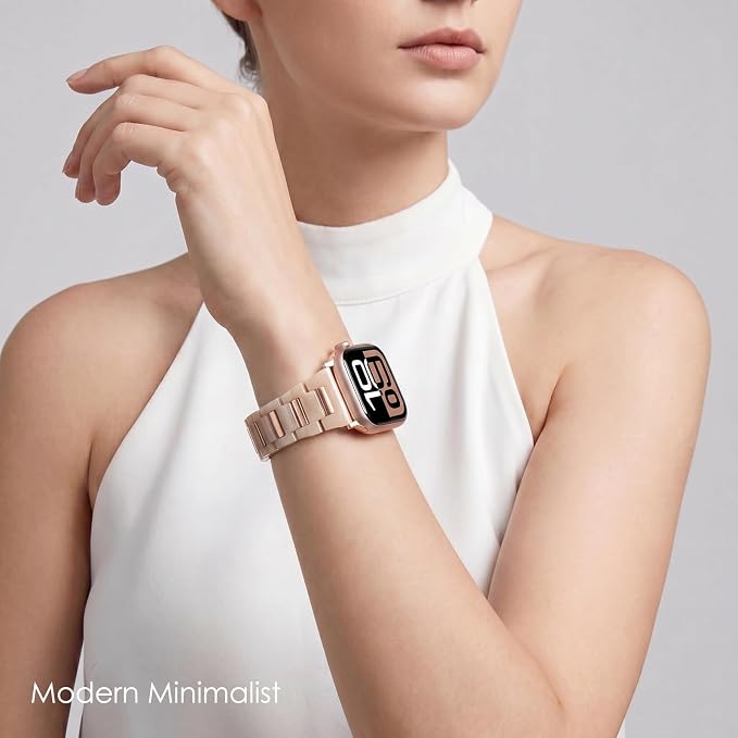 V-MORO Resin Metal Band Compatible with Apple Watch 42mm 41mm 40mm 38mm,Fashion Lightweight Bracelet with Polished Rose Gold Stainless Steel Inlay for iWatch Series 11/10/9/8/7/6/5/4/3/2/1/SE,Oatmeal
