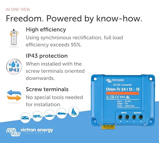 Victron Energy Orion-Tr DC to DC Converter 24/12-Volt 15 amp 180-Watt | IP43 Protected, for Dual Battery Systems, Non-Isolated