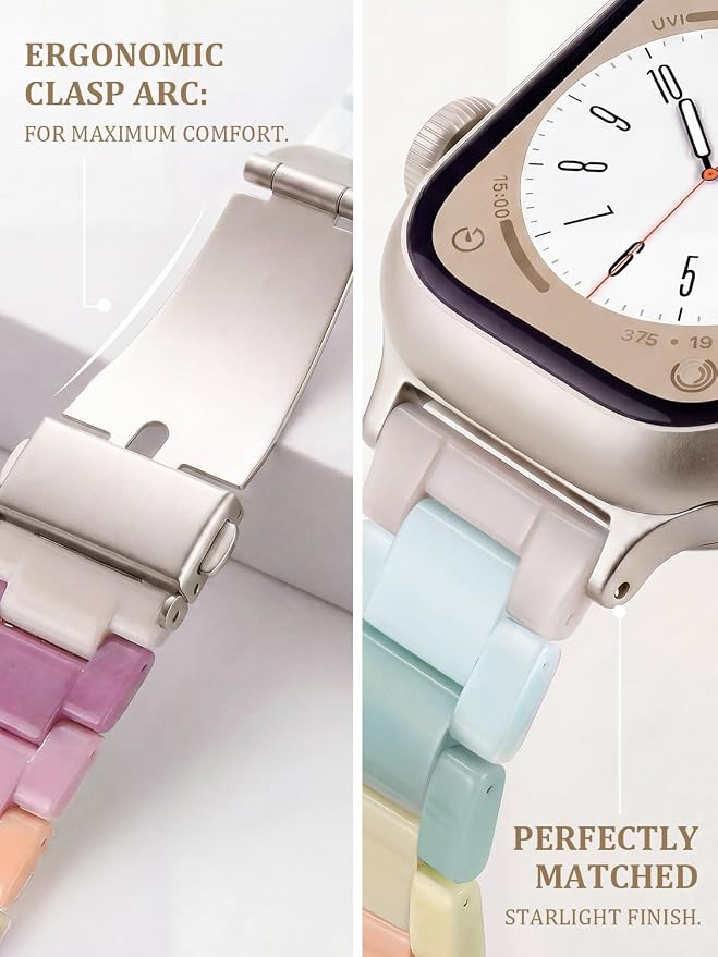 V-MORO Resin Bands Compatible with Apple Watch Series 11/10/9/8/7 Band 45mm 46mm Starlight Buckle Lightweight Fashion Strap Bracelet for iwatch Series SE/6/5/4/3/2/1(Bonbon Rainbow,42/44/45/46/49mm)