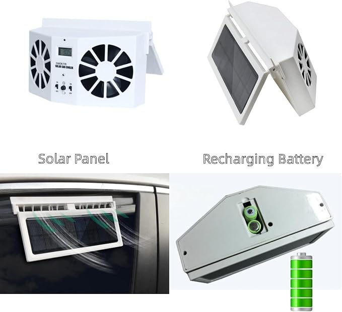 Solar Powered Car Fan, Window Exhaust, Air Vent Radiator, Energy Cooling for Car Backseat or Frontseat, Vehicle Ventilation Fan, White