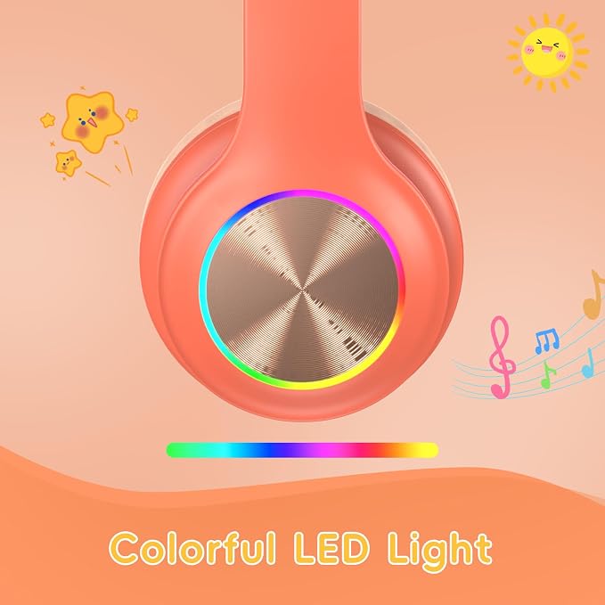 Candy Bila Kids Bluetooth 6.0 Headphones with LED Light, 85Hours Playtimes, Type-C Fast Charging, 85/94dB Volume Limited, Wireless Headphones with Built-in Mic, Wired & TF Card Mode, Pink and Orange