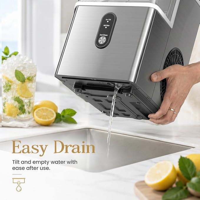 Kismile Nugget Ice Makers Countertop,35Lbs/24H,Portable Sonic Ice Machine with Self-Cleaning,One-Click Operation for Home/Office(Stainless Steels Silver)