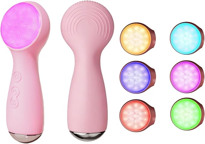Colorful LED Silicone Face Wash Brush - Sonic Vibration Face Cleaner with Heat Sensation, 3 Modes & Ergonomic Handle, Waterproof Electric Face Brush for at-Home Spa & Travel Skincare (Pink)