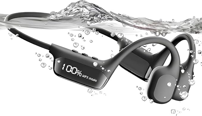 Swimming Headphones,IPX8 Underwater Swimming Headphone with LED Display,Bone Conduction Swim Headphone Built-in 32G Memory MP3 Player,Open Ear Earphones for Running Cycling