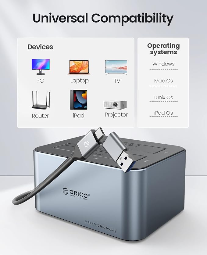 ORICO Hard Drive Docking Station with Offline Clone, Aluminum Alloy Dual Bay USB C to SATA Hard Drive Dock Holder for 2.5 or 3.5 Inch HDD 36TB UASP Support,Gray (6626C3-C)
