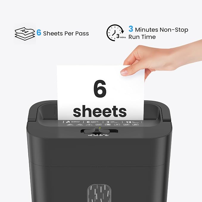 6-Sheet Shredder for Home Office, 3.43 Gallon Cross Cut Shredder, P-4 High Security Paper Shredders for Credit Card Staple Clip, Portable Handle Design