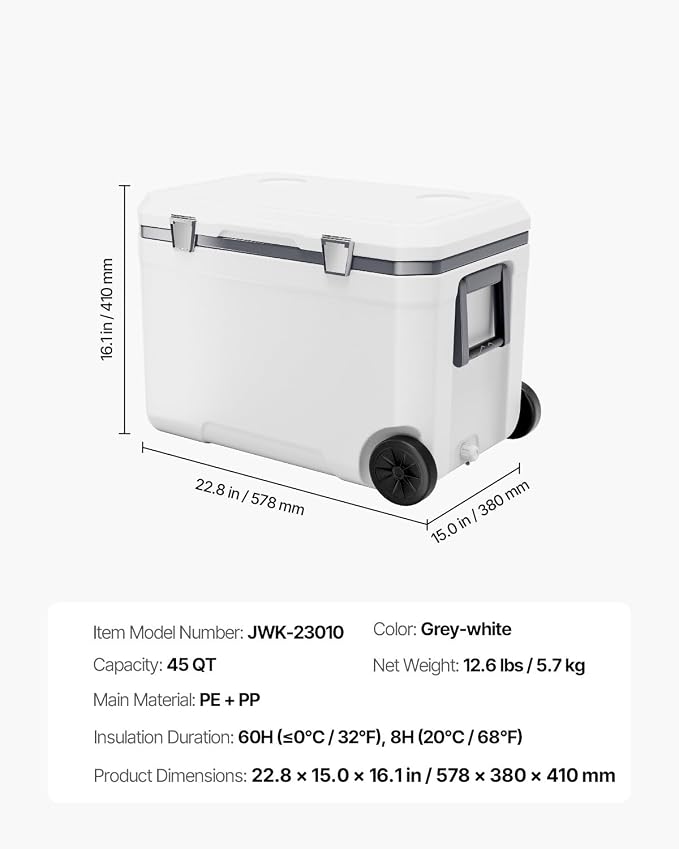 VEVOR Portable Cooler,Hard Cooler with Ice Retention, Heavy-Duty Handles and Strap, Lightweight Rigid Material Insulated Portable Cooler, Suitable for Family Picnics and Short Trips