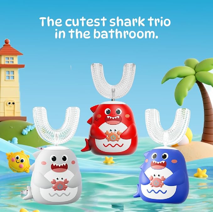 Well Before Kids U Shaped Electric Toothbrush with 5 Brush Heads, Ultrasonic, 5 Modes, IPX7 Waterproof Design (Shark, Red Ages 2-7)
