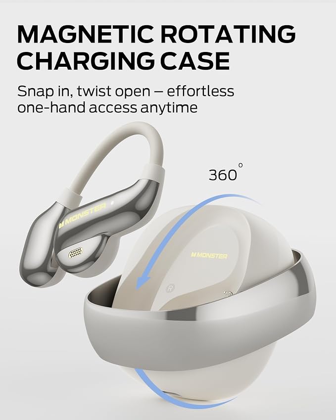 Monster Open Ear AC390 Headphones, Bluetooth 6.0 Ear Buds with Stereo Sound, IPX5 Waterproof, Wireless Headphones 24H Playtime, Rotating Charging Case with Lanyard, Ultra-Light Open Ear Earbuds