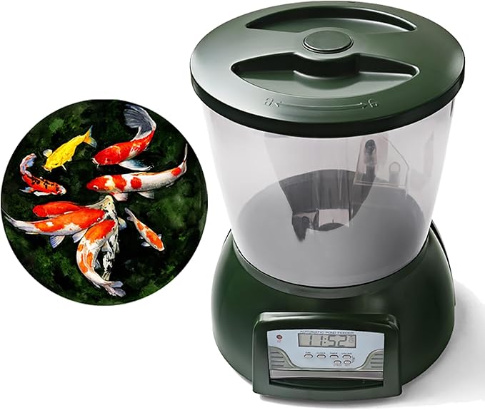 4.5L Pond feeder, Automatic fish feeder for pond outdoor, Fish feeder automatic dispenser, Timer High Capacity for Vacations & Hot or cold weather- battery powered