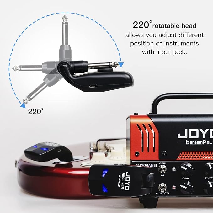 JOYO 2.4GHz Wireless Guitar System Rechargeable Transmitter and Receiver 4 Selectable Channels, 5ms Low Latency, 65ft Range, Up to 8 Hour Battery for Electric Guitar, Bass & Acoustic (JW-03)