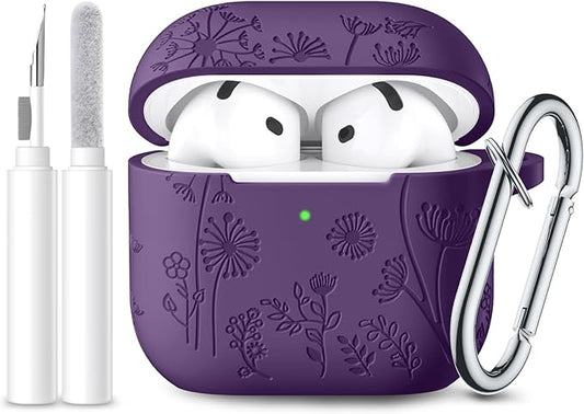 Lerobo for Airpods 4 Case Cover with Cleaner Kit, Stylish Flower Engraved Silicone Shockproof Case Cover with Keychain Compatible with Apple Airpods 4 Case 2024,Front LED Visible, Purple