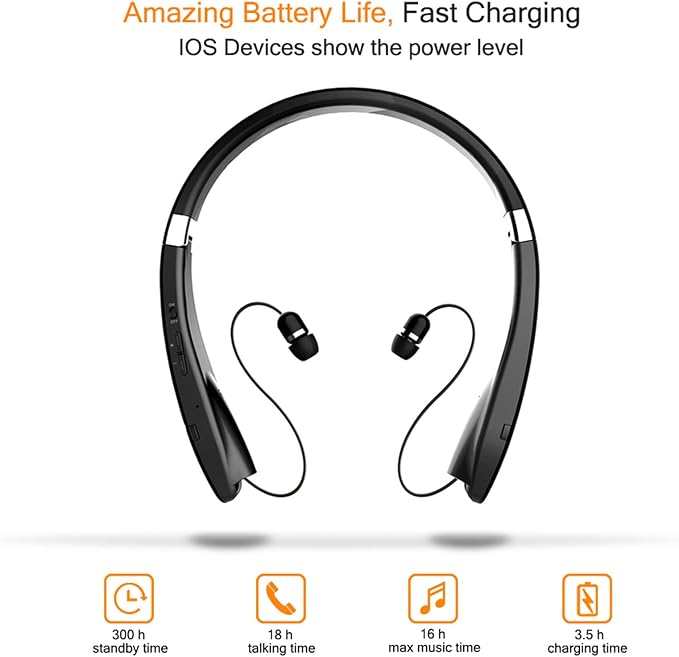 Foldable Bluetooth Headset, Beartwo Lightweight Retractable Bluetooth Headphones for Sports&Exercise, Noise Cancelling Stereo Neckband Wireless Headset (with carry case)