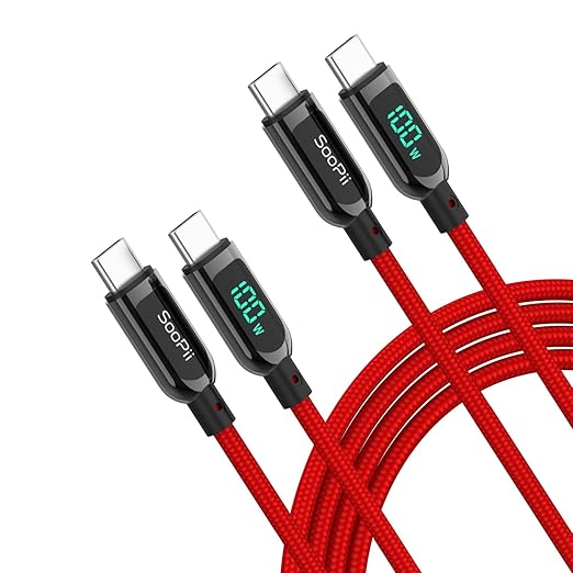 SOOPII 100W USB C to USB C Cable,[4ft,2-Pack],Nylon Braided Fast Charging Cable with LED Display for lPhone 15/15 Pro/15 Plus,lPad Air,MacBook Pro, Galaxy S24/S23(Red)