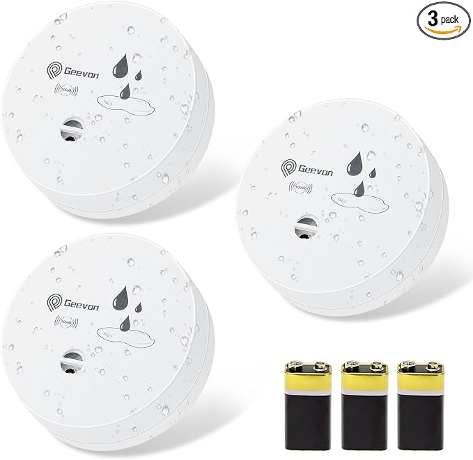 Geevon 3 Pack Water Leak Detectors, 100dB Water Sensor Alarms Flood Detector for Basements, Bathrooms, Laundry Rooms, Kitchens, Garages, and Attics, Water Alarms Battery-Operated (Battery Included)