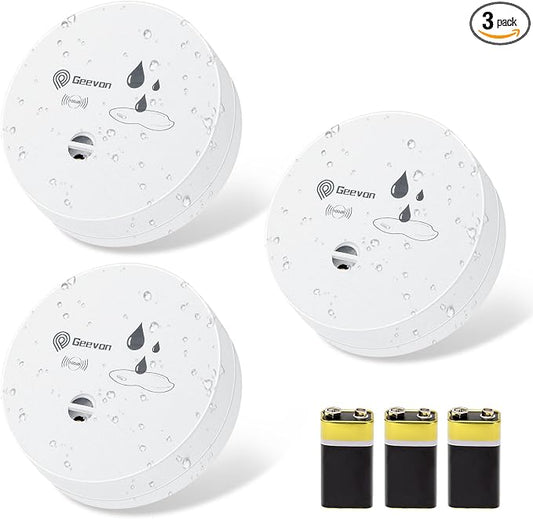 Geevon 3 Pack Water Leak Detectors, 100dB Water Sensor Alarms Flood Detector for Basements, Bathrooms, Laundry Rooms, Kitchens, Garages, and Attics, Water Alarms Battery-Operated (Battery Included)