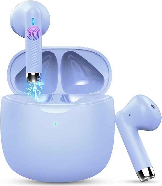 Jxrev Wireless Earbuds, Bluetooth 5.3 Headphones in Ear with Noise Cancelling Mic, Earbuds Stereo Bass, IP7 Waterproof Sports Earphones, 32H Playtime USB C Charging Buds White for Android iOS Purple