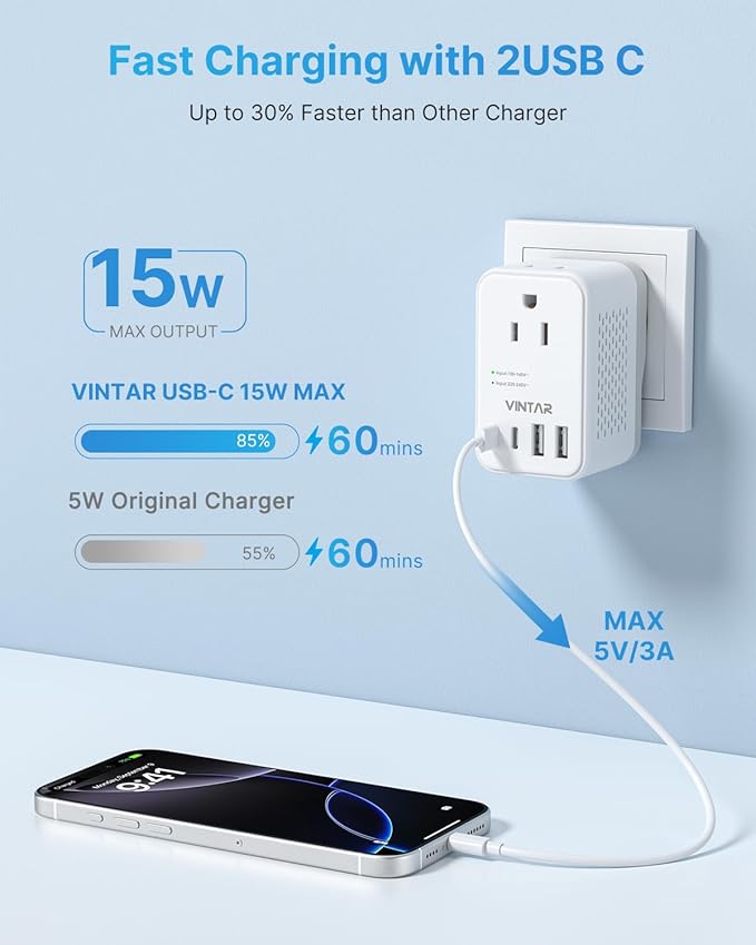 220V to 110V Travel Voltage Converter US to Europe, VINTAR 2000W Foldable European Travel Plug Adapter with 4 USB (2 USB C), Converter for European Travel for Hair Dryer Straightener Curling Iron