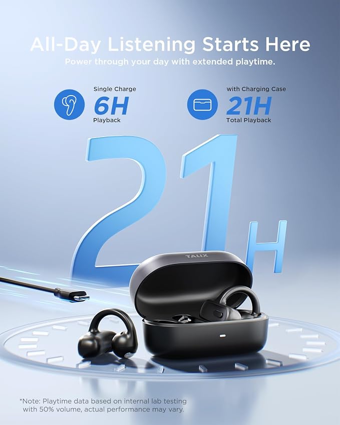 TALIX Open Ear Clip-On Earbuds X8 with AI ENC & Powerful Bass, Wireless Bluetooth 6.0, IPX4 Sweatproof Fitness Headphones, Physical Buttons, 5g Lightweight Ear Buds with Multi-Device Switching, Black
