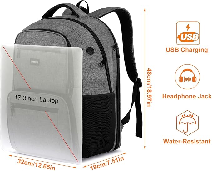 kadilong 17,3 inch Laptop Backpack with Lunchbox,Insulated Cooler Bag for Work Travel with USB Charging Port,Water Resistant Computer Bag Meal Prep Backpack for Picnic College