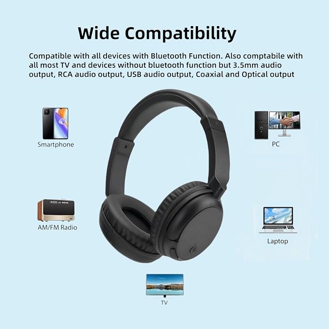 Wireless Headphones for TV, Bluetooth5.3 Over Ear Headphone with RM Radio Function, Lightweight Wireless TV Headset for Seniors, 30Hrs Playtime, No Audio Delay Blutooth Headsets for TV,Phone,Computer