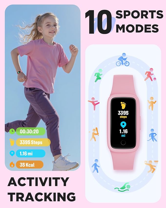 BIGGERFIVE Vigor 3 Kids Fitness Tracker Watch, AMOLED Screen, No App No Phone Needed, 3ATM Waterproof, Heart Rate and Sleep Monitor, Pedometer Watch, Sports Step Counter for Girls Ages 5-15, Pink