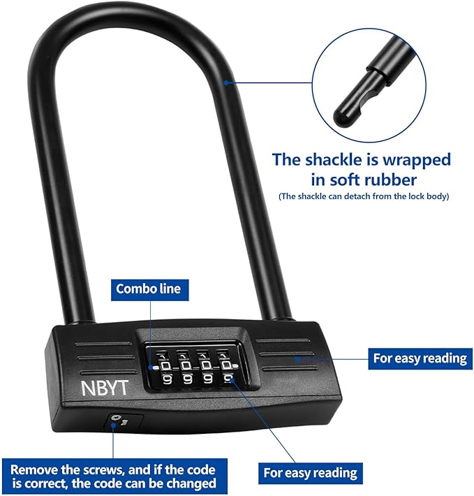 Bike Lock u Lock Combination,Resettable Code,Long Shackle,Heavy Duty Padlock for Bicycle, Scooter,Motorcycles, Metal Fence Gate,Pool Door,Anti Theft.
