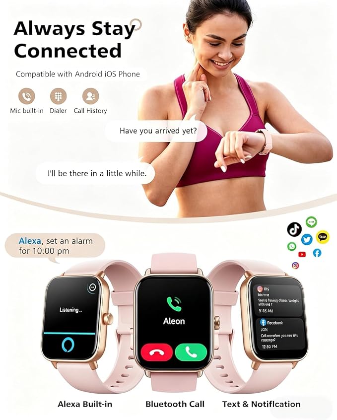 Quican Smart Watches for Women, Compatible for iPhone & Android | Fitness Tracker Watch with Alexa & Calling, Heart Rate Sleep Monitor, Waterproof, Gifts for Women,1.8 Inches Light Pink