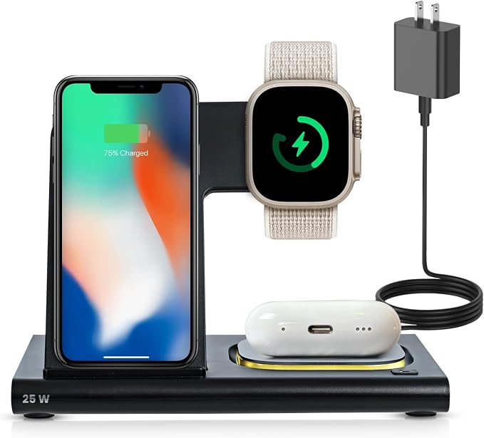 Spracht Flex Charge 3-3 in 1 Charging Station, Portable Charging Station for Smartphones, Smart Watches, Earbuds – 25W Fast Wireless Charger Stand Night Light – Foldable Travel Charger 3 in 1 (Black)
