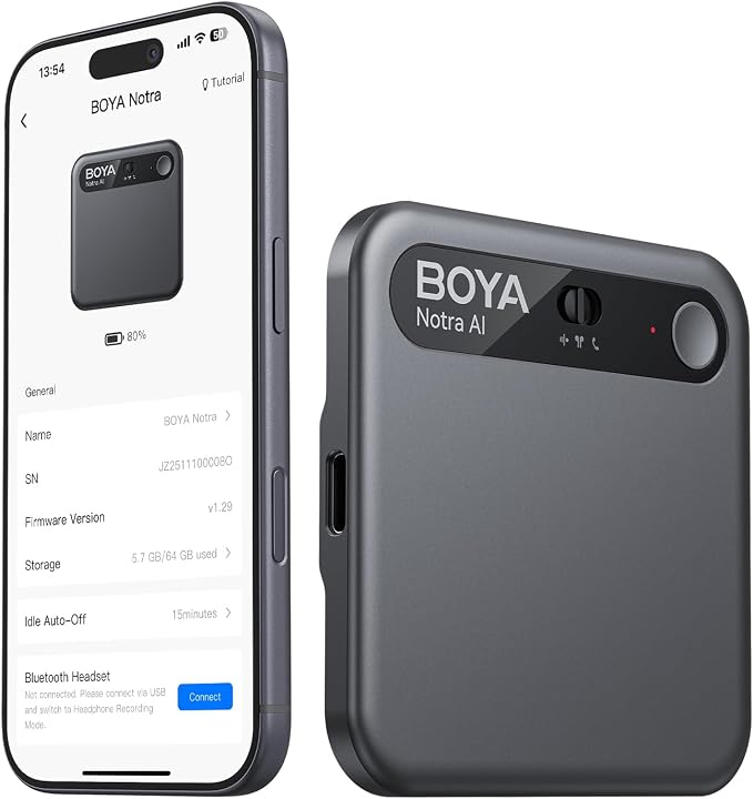 BOYA Notra AI Voice Recorder, Smart Transcription & Summary, App Control, 64GB Storage, Secure Cloud Sync, Supports 140+ Languages, MagSafe-Compatible, Ai Note Taker for Meetings & Interviews, Black
